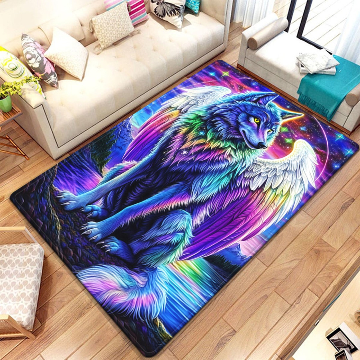 Home Art Textiles - Colorful Angel Wolf Crystal Velvet Rug